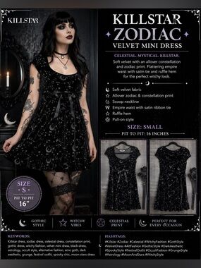 Killstar Zodiac Constellation Velvet Mini Dress Black Gothic Size Small